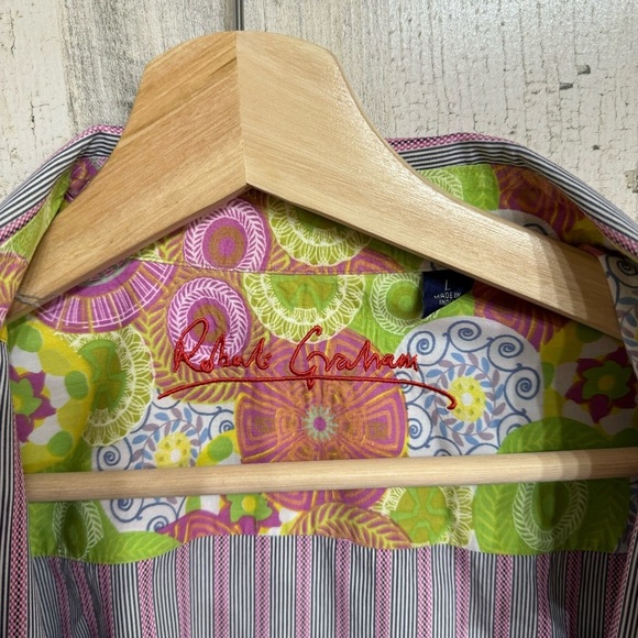 Robert Graham Button Down Floral Flip Cuff Shirt Grey Pink Stripes Size L - Picture 10 of 10